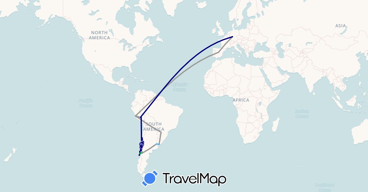 TravelMap itinerary: driving, bus, plane, boat in Argentina, Chile, Germany, Spain, Peru, Uruguay (Europe, South America)